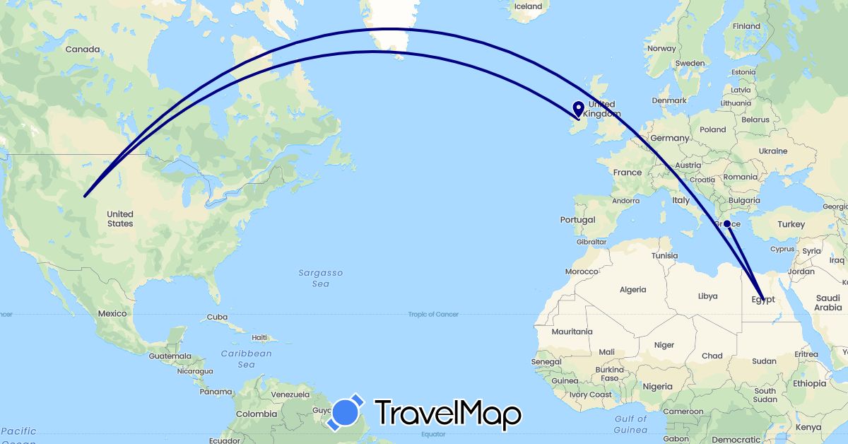TravelMap itinerary: driving in Egypt, Greece, Ireland, United States (Africa, Europe, North America)